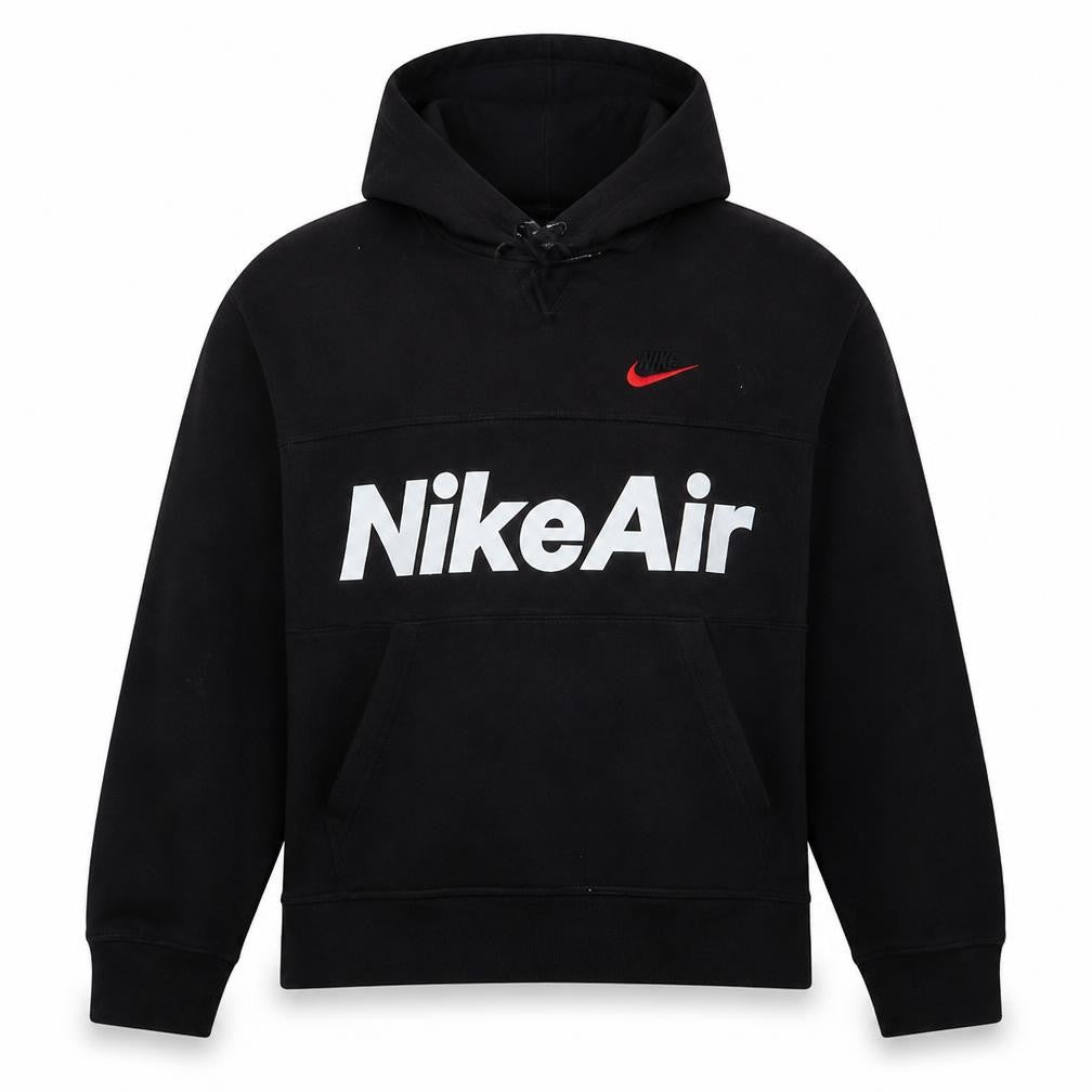 Front view of Nike women’s black large pullover hoodie with logo print