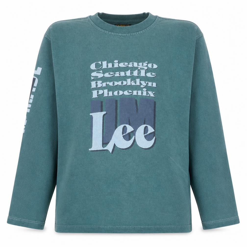 Front view of Lee Men's Green Long Sleeve Pullover Sweatshirt L Vintage Graphic