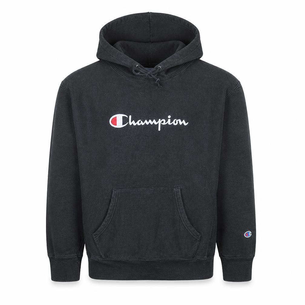 Front view of Champion Men's Black Embroidered Logo Pullover Hoodie, size M