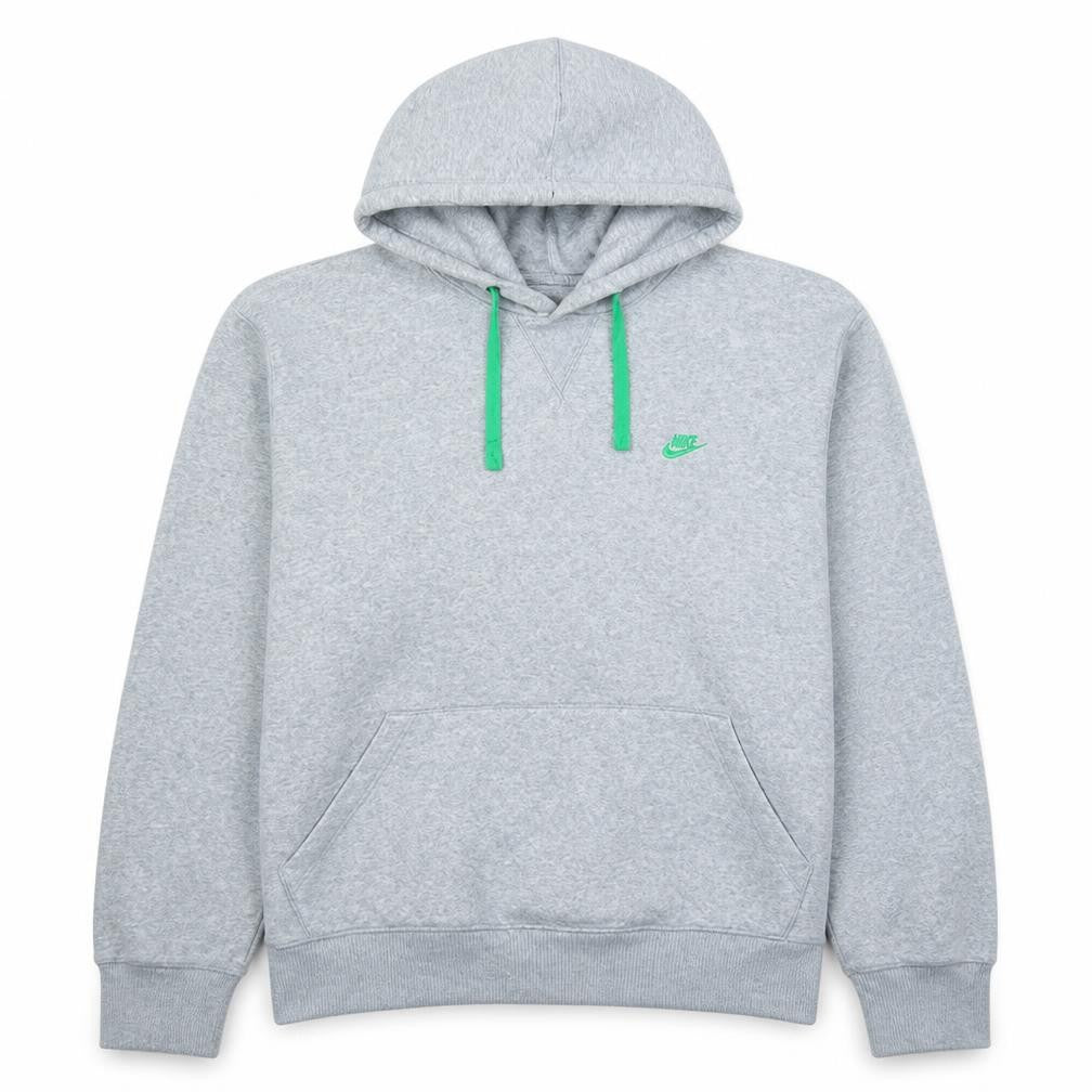 Front view of Nike Men's Grey XL Pullover Hoodie with Green Logo Drawstring