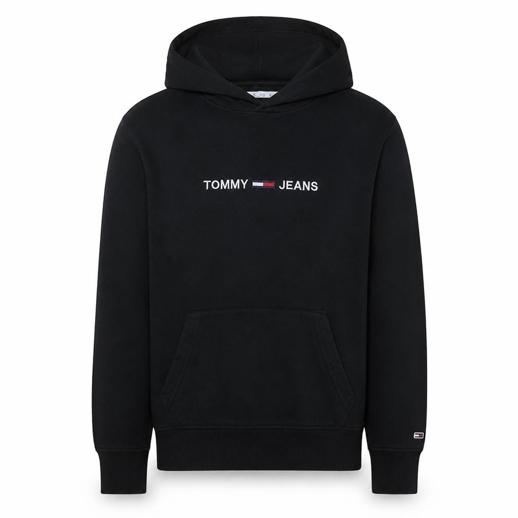 Front view of Tommy Jeans Men's Black S Pullover Hoodie with Embroidered Logo