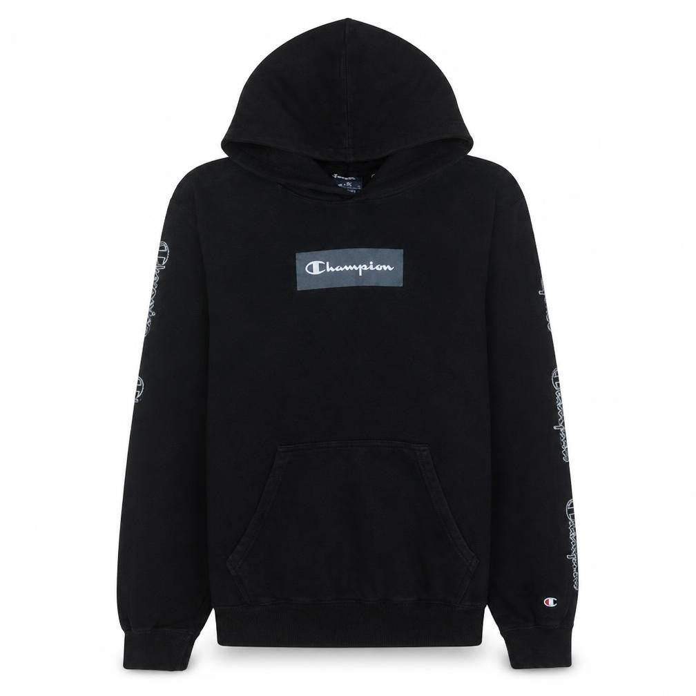 Front view of Champion Men's Black Pullover Hoodie L Regular Fit Logo Fleece