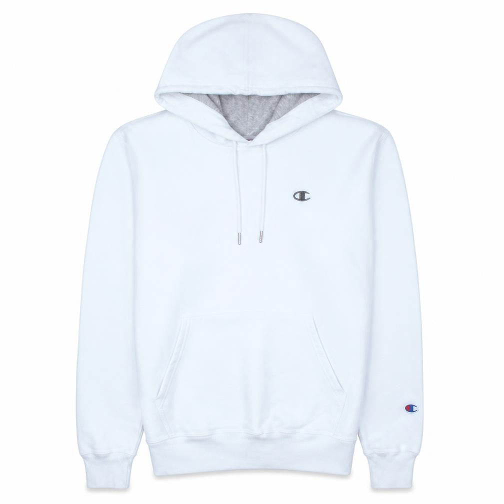 Front view of Champion Men's White Pullover Hoodie, size S, Regular Fit