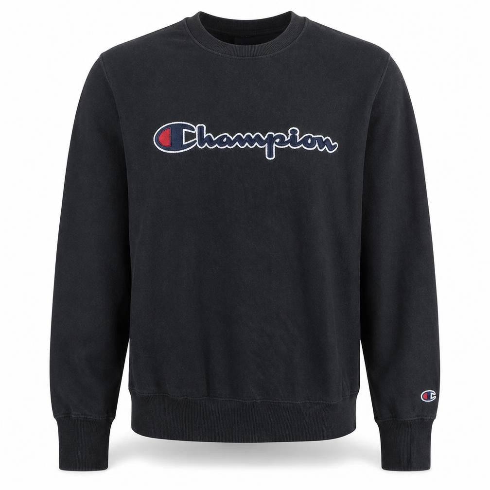 Front view of Champion men’s black logo pullover sweatshirt, size L, regular fit