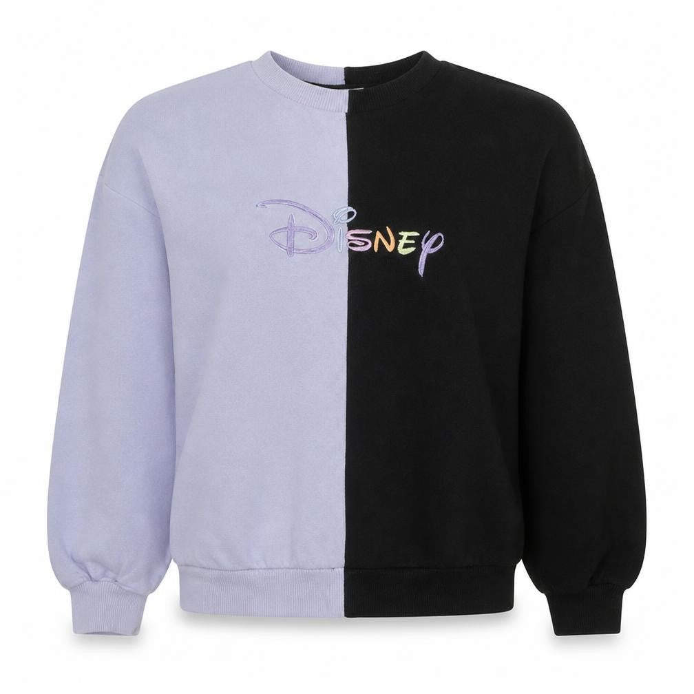 Front view of Disney Women's Black & Lilac Colourblock Pullover Sweatshirt XS/S
