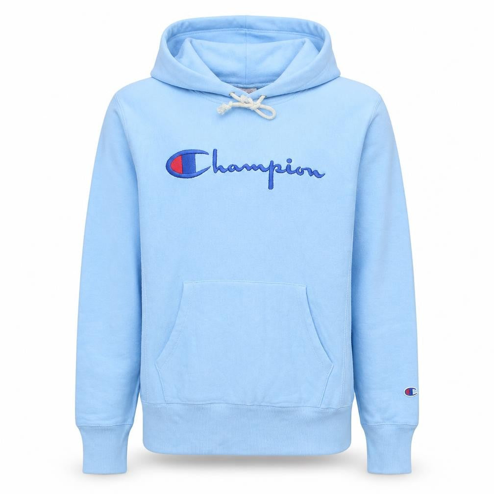 Front view of Champion Men's Blue Pullover Hoodie Medium Embroidered Logo Fleece