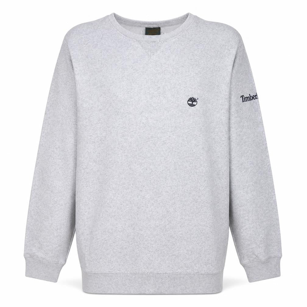 Front view of Timberland men’s grey crew neck pullover sweatshirt, size S
