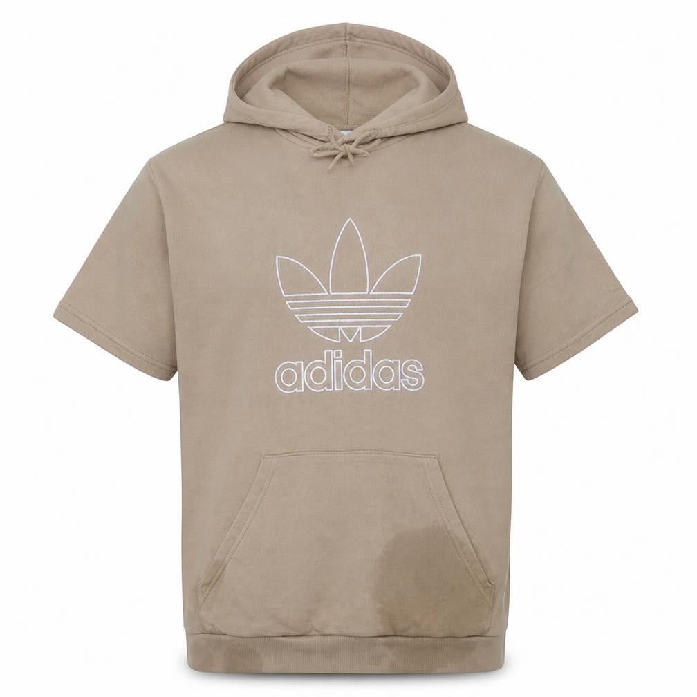 Front view of adidas Men Beige Short Sleeve Pullover Hoodie, size L, Regular Fit
