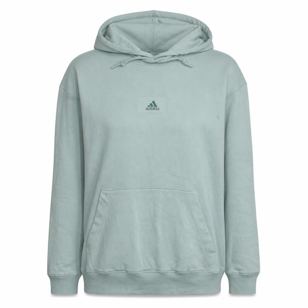 Front view of Adidas Women’s Mint Green Pullover Hoodie, size S, Logo Cotton Blend
