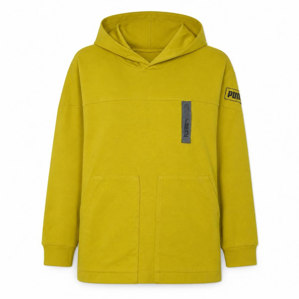 Front view of Puma women’s yellow pullover hoodie sweatshirt, size S, casual cotton blend