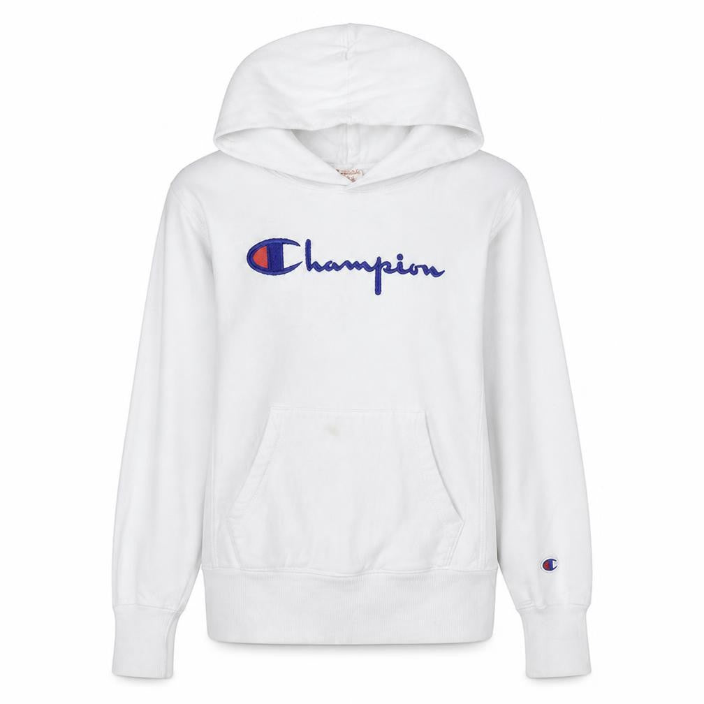 Front view of Champion Women's White Small Pullover Hoodie with Logo
