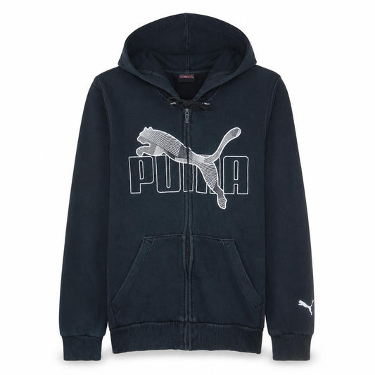 Front view of Puma men’s black full zip hoodie, size S, hooded fleece sweatshirt