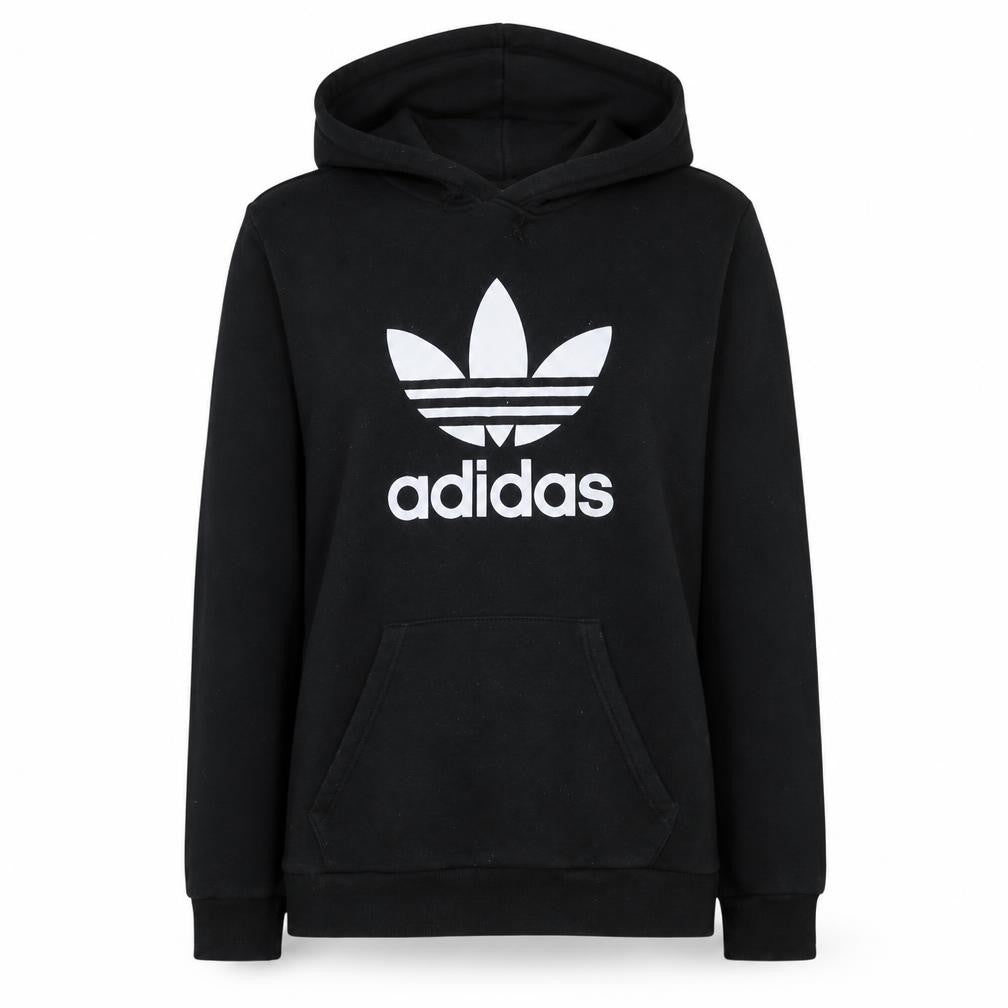 Front view of Adidas women’s black small pullover hoodie with logo print