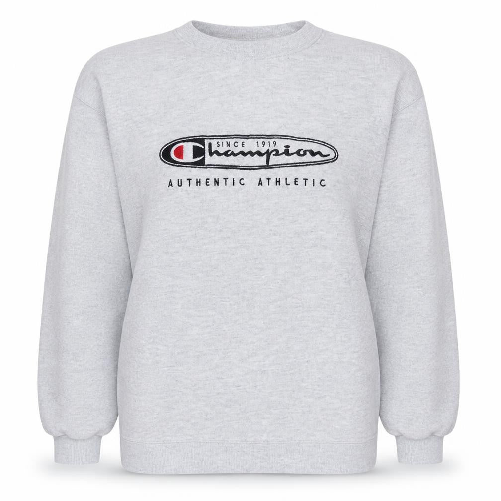 Front view of Champion Women’s Grey Pullover Sweatshirt, size S, Logo Athletic