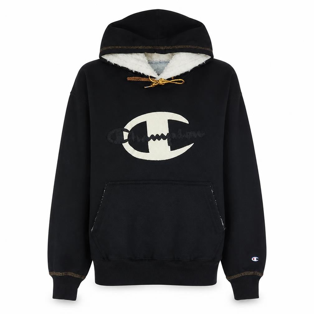 Front view of Champion Women's Black Pullover Hoodie Small Faux Fur Lined Logo Sweatshirt