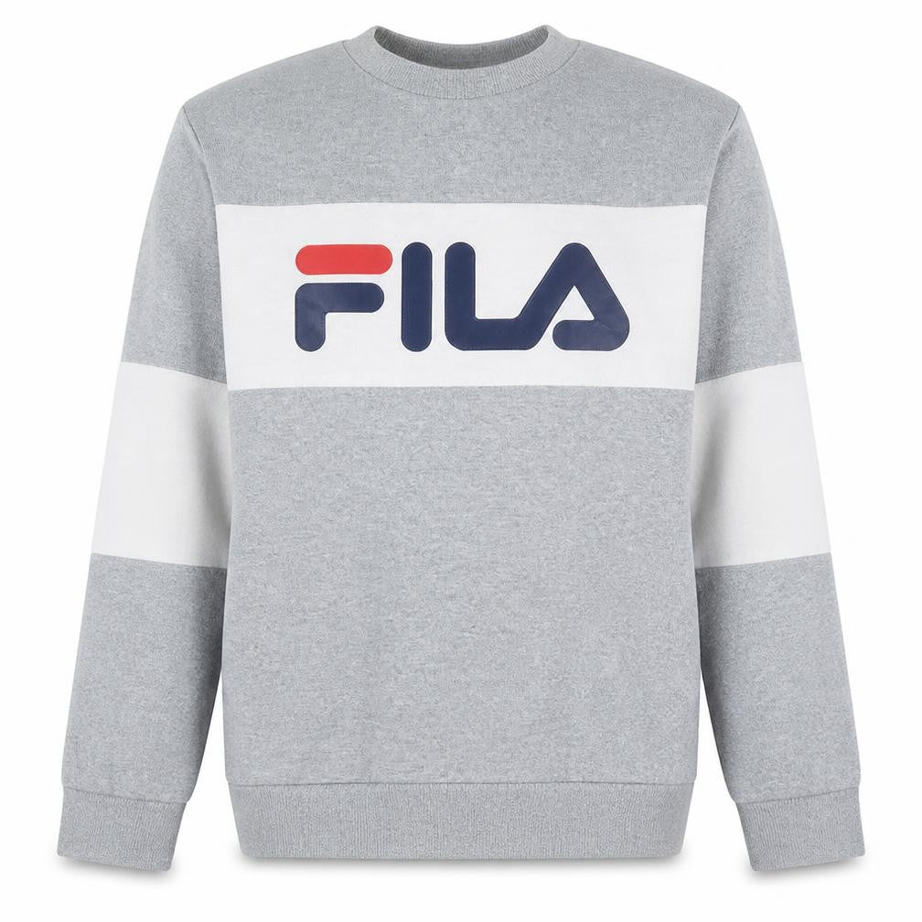 Front view of Fila men’s grey crew neck pullover sweatshirt l regular fit