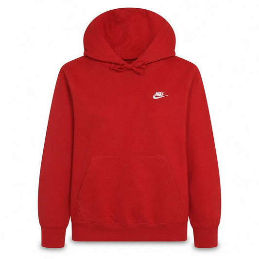 Front view of Nike women’s red pullover hoodie small fleece lined casual sweatshirt