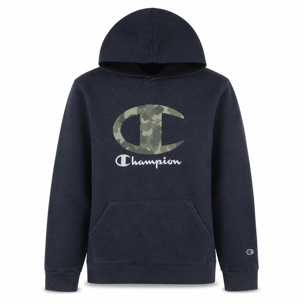 Front view of Champion Men's Black Pullover Hoodie S Camouflage Logo Fleece