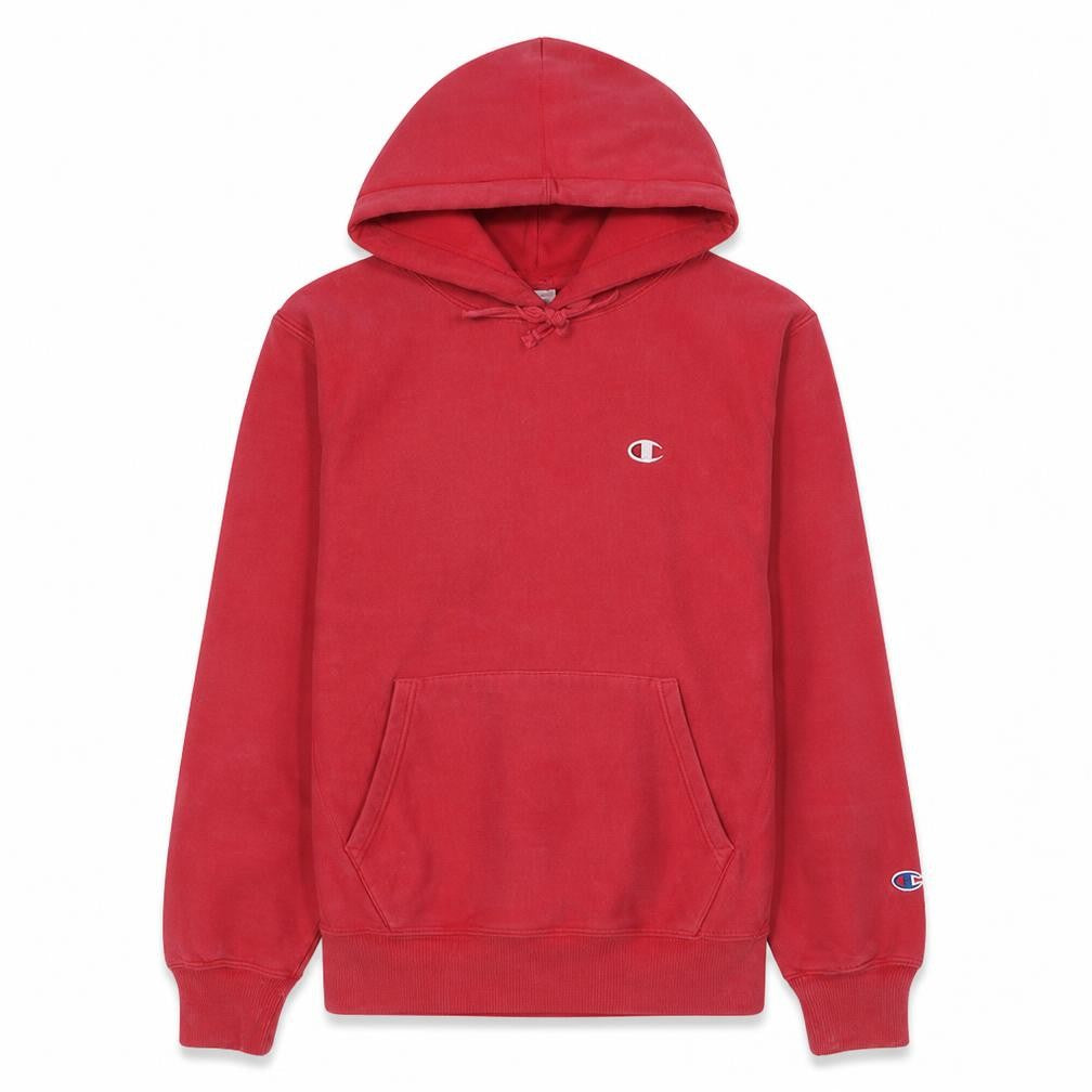 Front view of Champion women’s red reverse weave pullover hoodie, size M