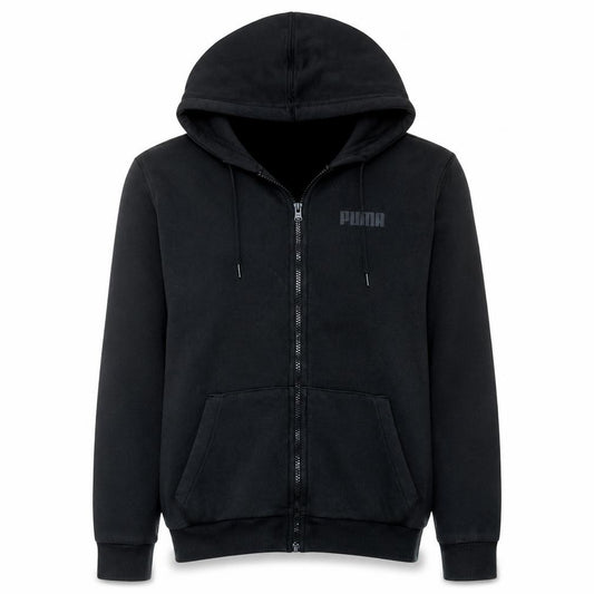 Front view of Puma Men's Black Full Zip Hoodie, size M, Fleece Sportswear