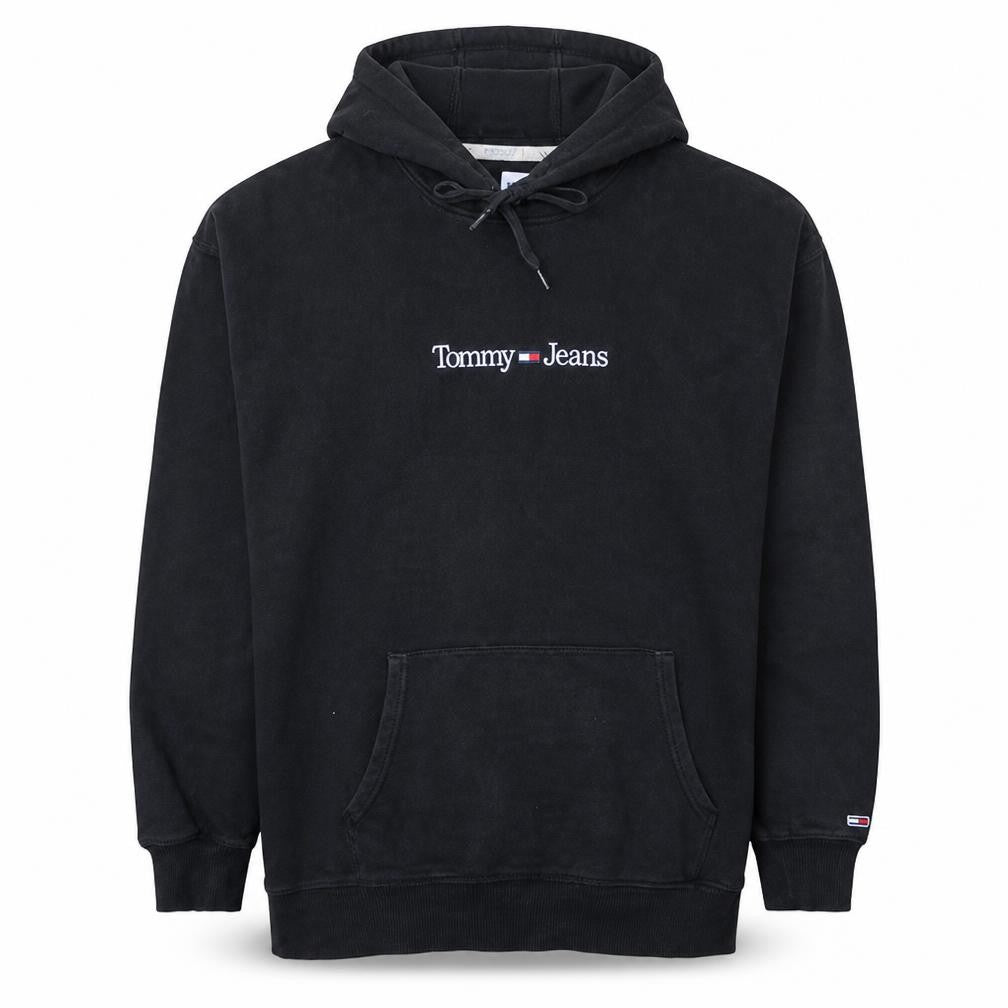 Front view of Tommy Jeans Men's Black XL Pullover Fleece Hoodie