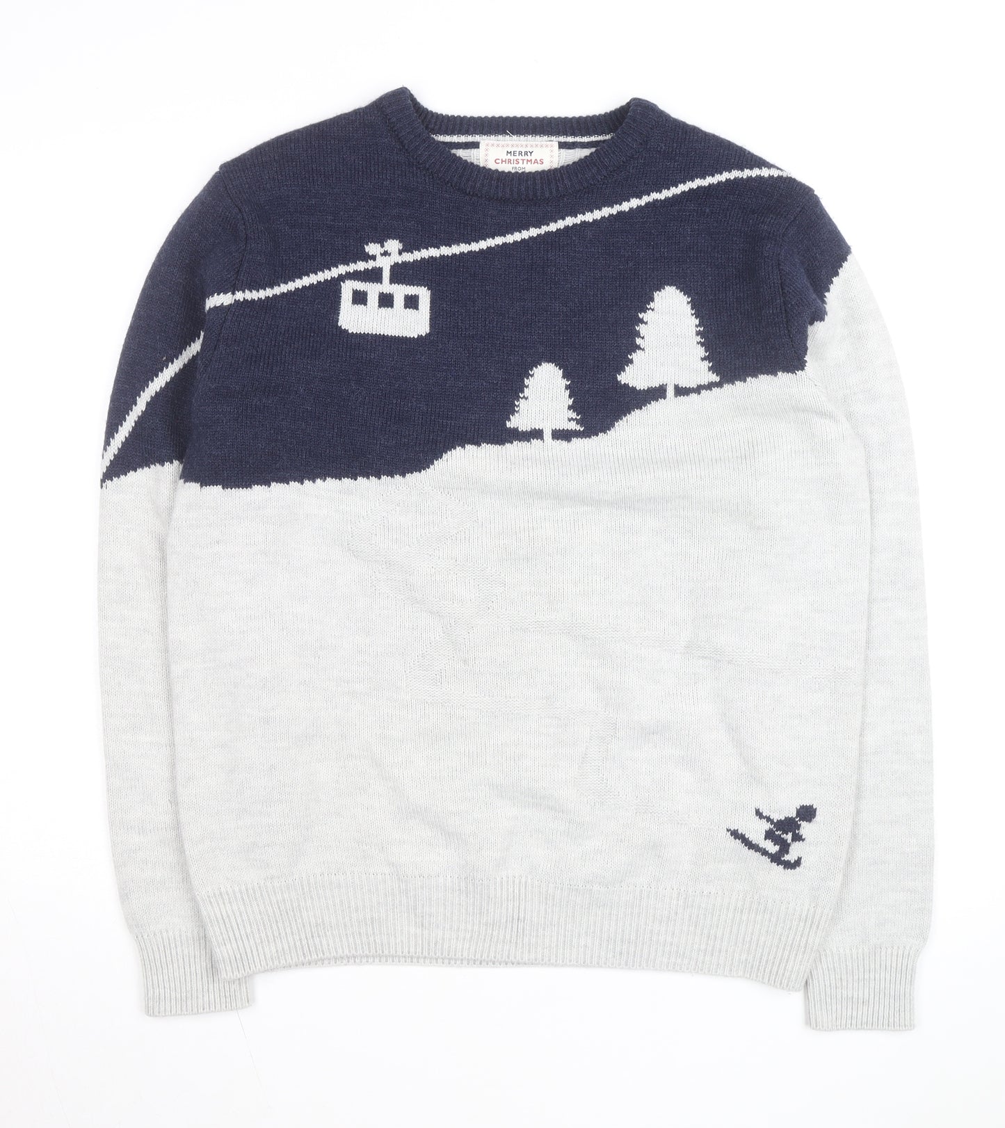 Next Mens Grey Wool Blend Christmas Ski Scene Jumper Size L