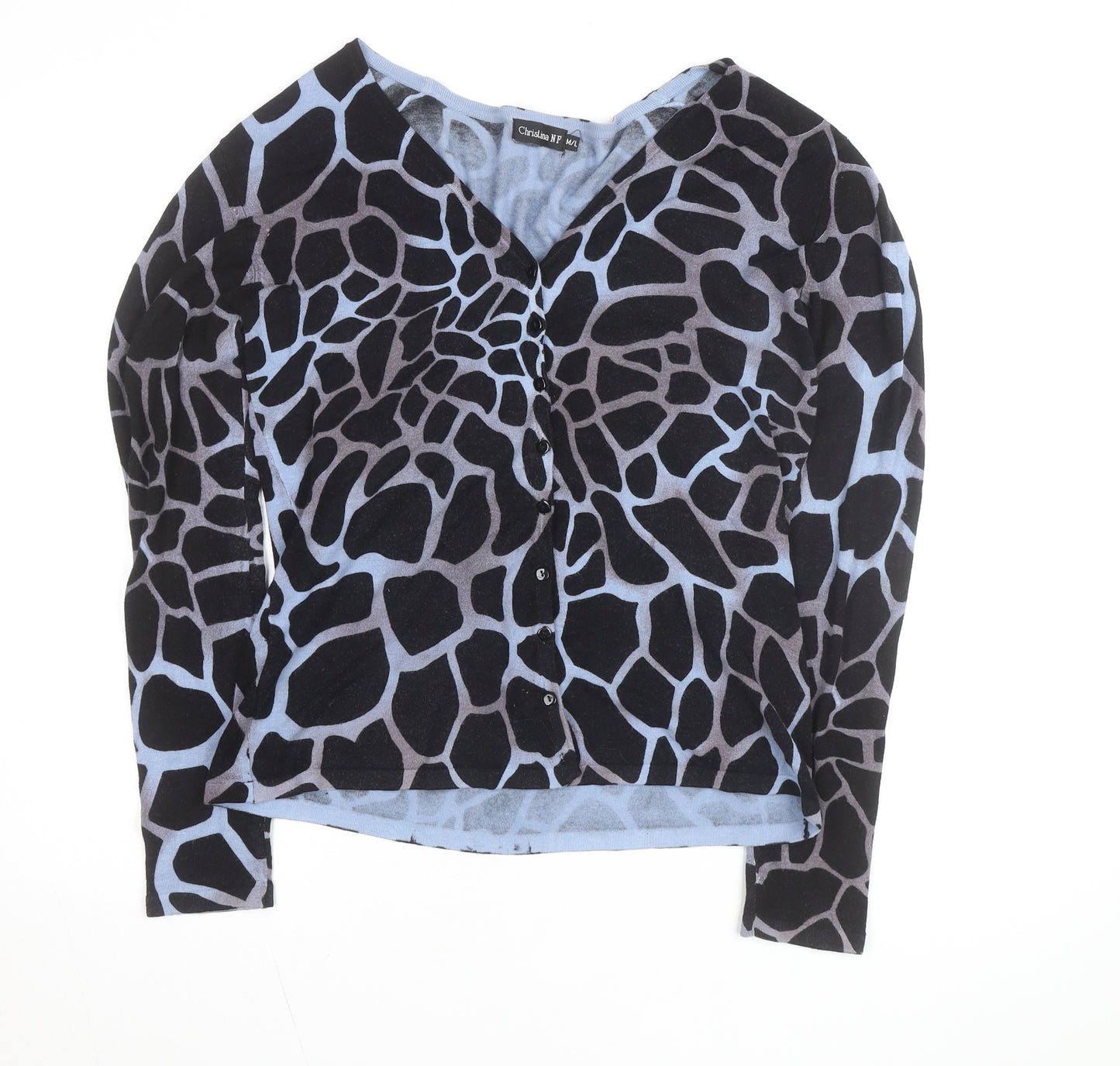 Christina NF Women's Blue Animal Print V-Neck Long Sleeve Cardigan Size M