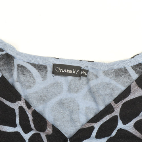 Christina NF Women's Blue Animal Print V-Neck Long Sleeve Cardigan Size M
