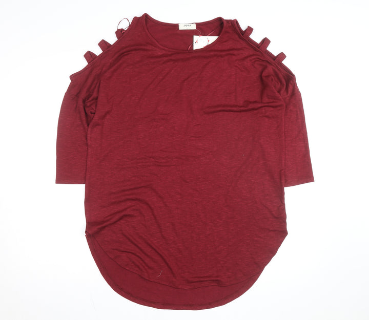 Papaya Women's Red Cold Shoulder 3/4 Sleeve Jersey T-Shirt L