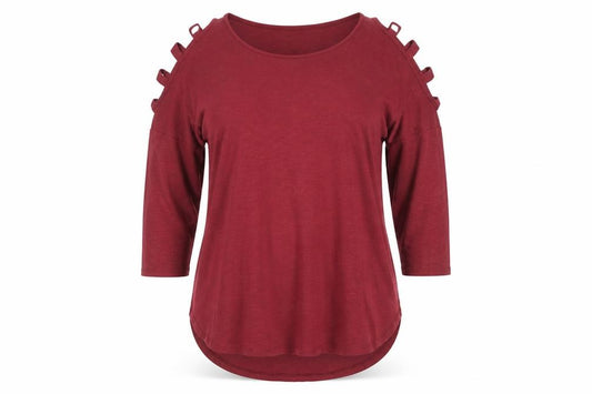 Front view of Papaya Women's Red Cold Shoulder 3/4 Sleeve Jersey T-Shirt L