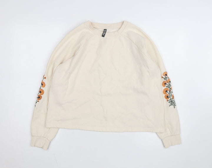Pieces Women Beige Embroidered Pullover Sweatshirt M