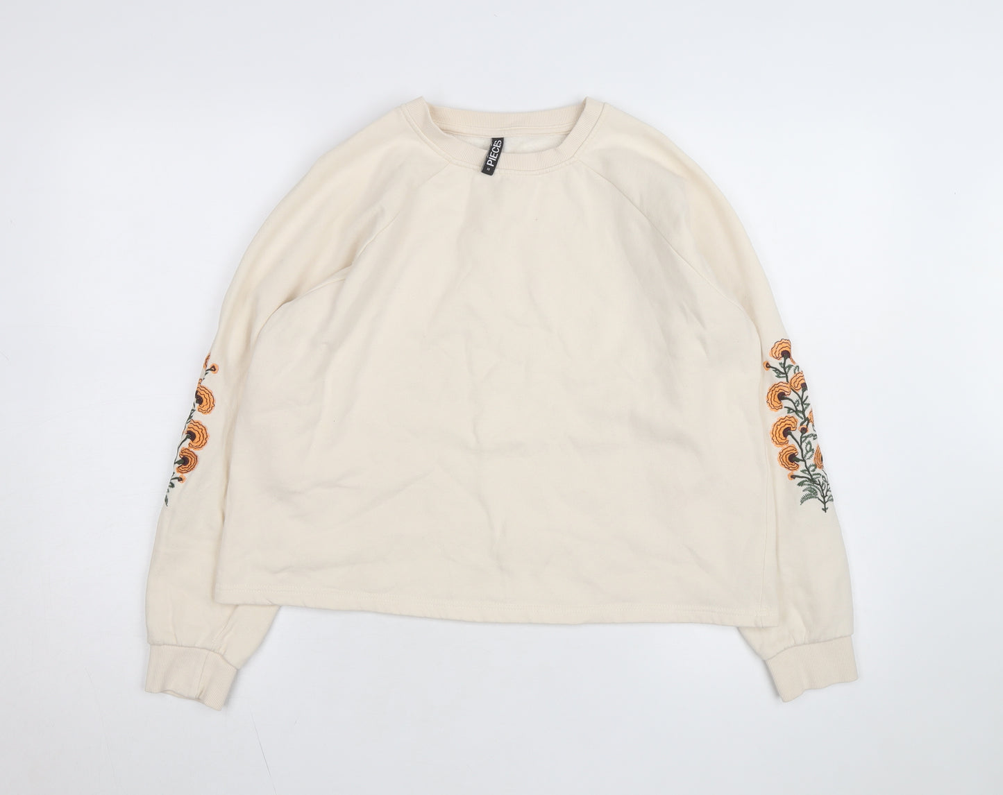 Pieces Women Beige Embroidered Pullover Sweatshirt M