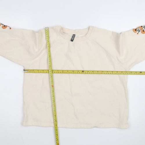 Pieces Women Beige Embroidered Pullover Sweatshirt M