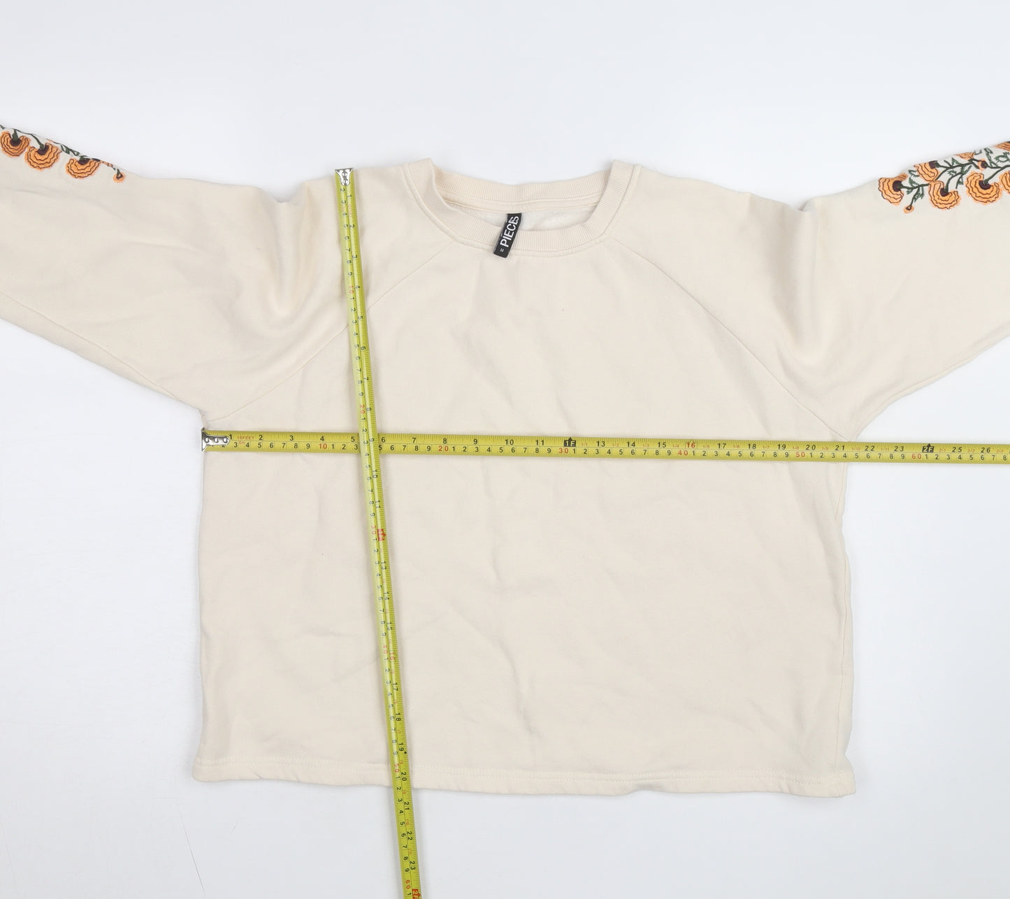 Pieces Women Beige Embroidered Pullover Sweatshirt M