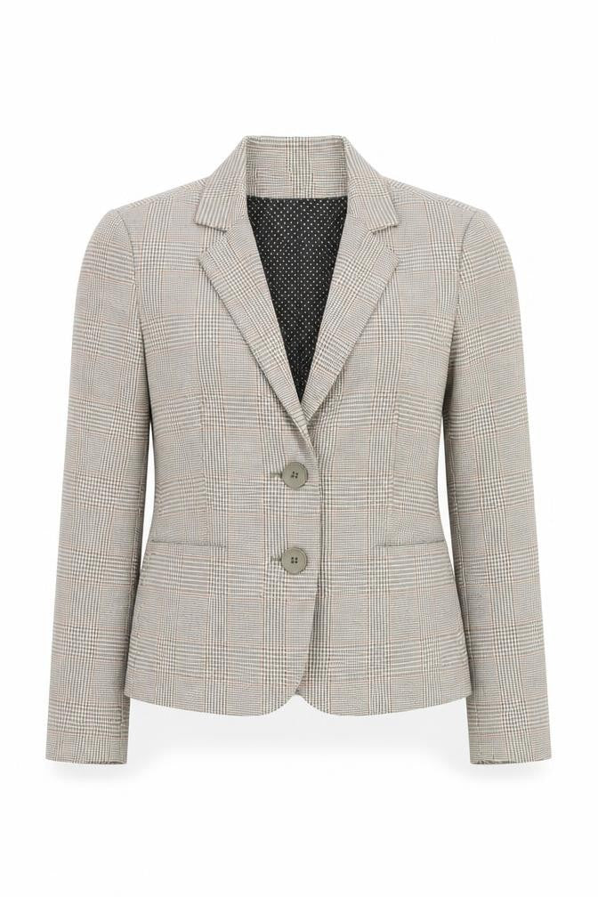 Front view of Jacob Connexion Women's Beige Checked Blazer, size 8, Workwear Jacket