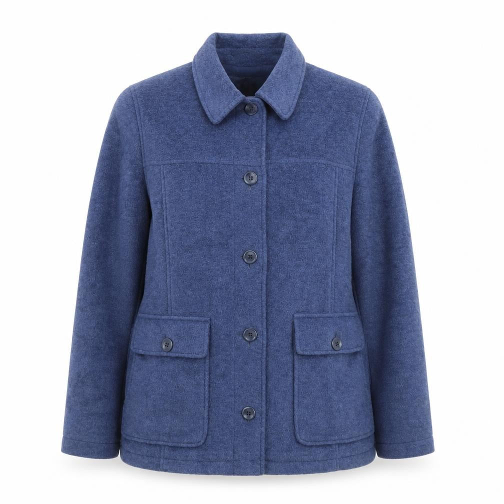 Front view of L.L. Bean Women's Blue Wool Blend Mid-Length Button Jacket, size M