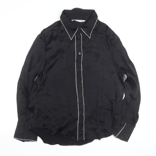 Zara Women Black Beaded Collared Satin Button-Up Shirt Size 14