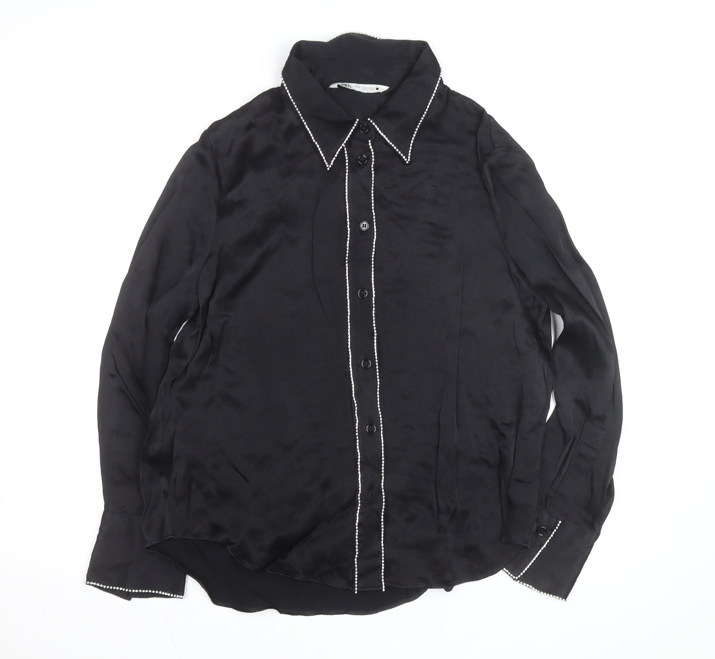 Zara Women Black Beaded Collared Satin Button-Up Shirt Size 14