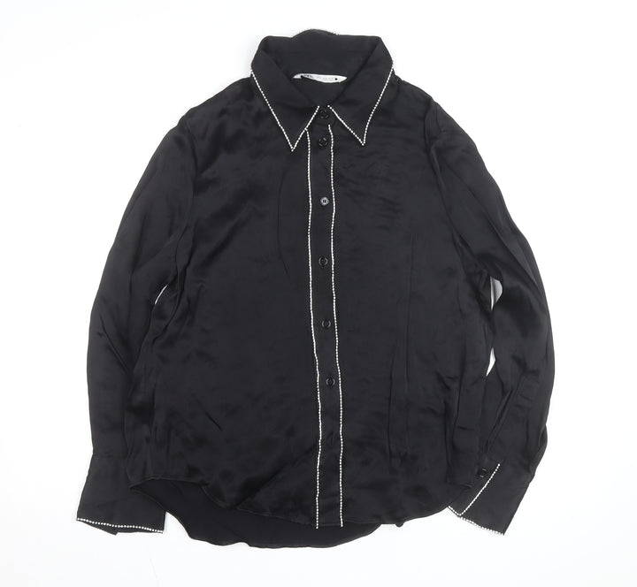 Zara Women Black Beaded Collared Satin Button-Up Shirt Size 14