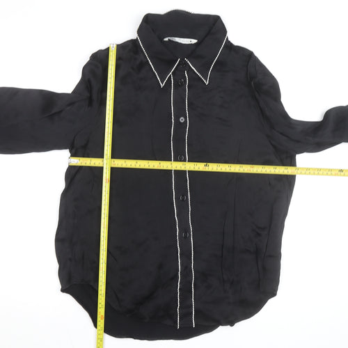 Zara Women Black Beaded Collared Satin Button-Up Shirt Size 14