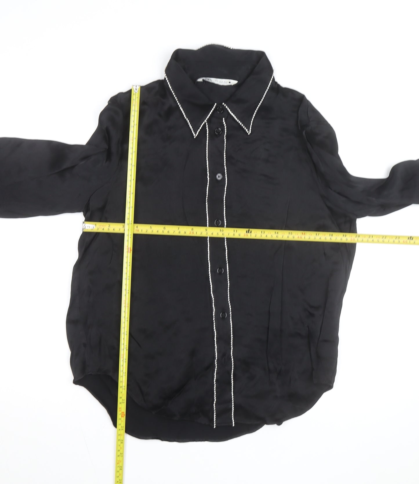 Zara Women Black Beaded Collared Satin Button-Up Shirt Size 14