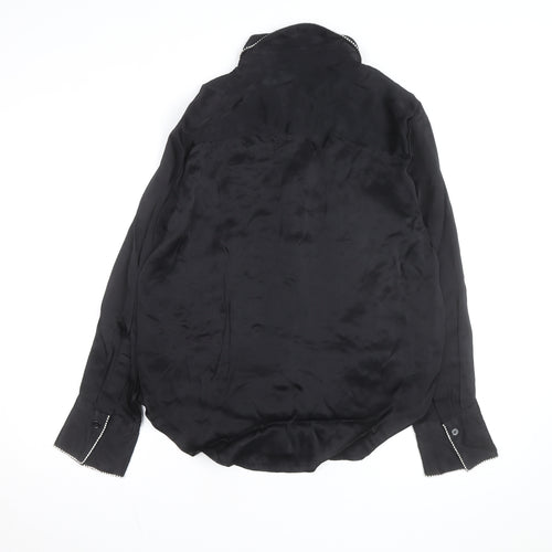 Zara Women Black Beaded Collared Satin Button-Up Shirt Size 14