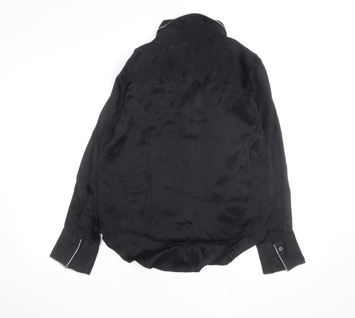 Zara Women Black Beaded Collared Satin Button-Up Shirt Size 14