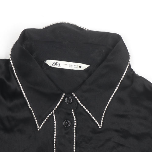 Zara Women Black Beaded Collared Satin Button-Up Shirt Size 14