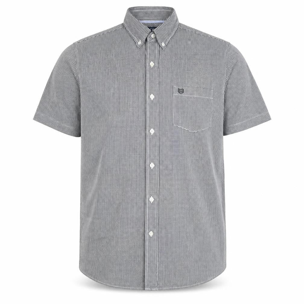 Front view of Chaps men’s black check short sleeve button-down shirt l
