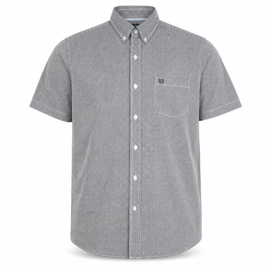 Front view of Chaps men’s black check short sleeve button-down shirt l