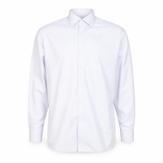 Front view of Olymp Luxor Men's Blue Striped Slim Fit Long Sleeve Button-Up Shirt 17in 43