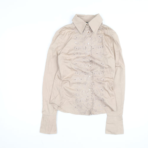 MNG Women's Beige Embroidered Button-Up Long Sleeve Shirt XS