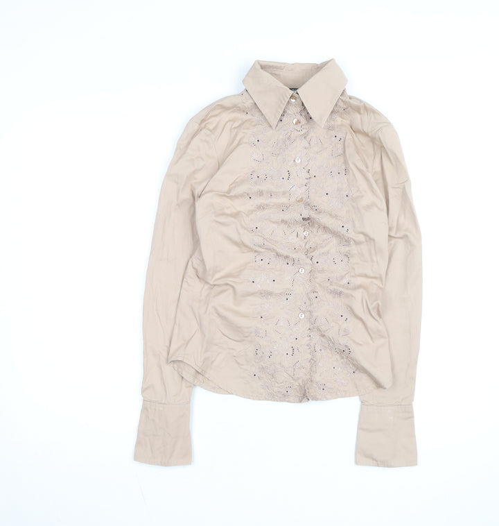 MNG Women's Beige Embroidered Button-Up Long Sleeve Shirt XS
