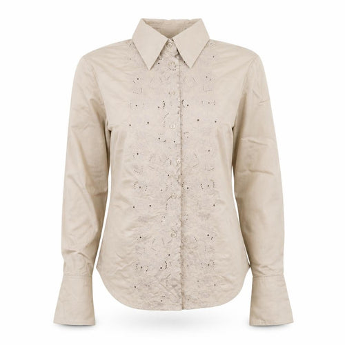 MNG Women's Beige Embroidered Button-Up Long Sleeve Shirt XS